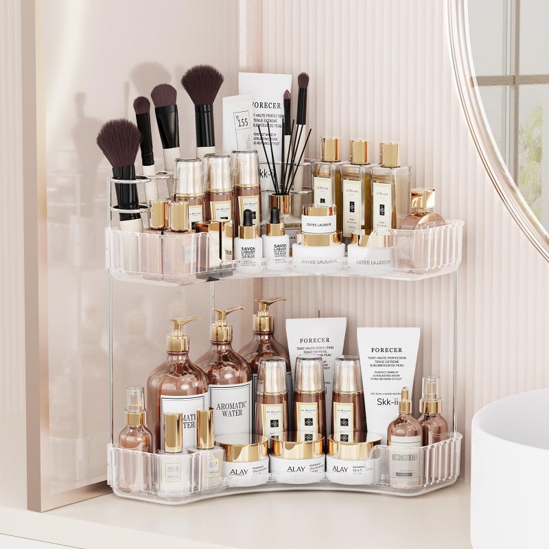 Asayuee 2-Tier Corner Bathroom Counter Organizer with Top Toothbrush Holders Large Makeup Organizer Countertop with Brush Holder Skincare Organizers Corner Exquisite Vanity Organizer(Clear  2 Tier) - Image 1